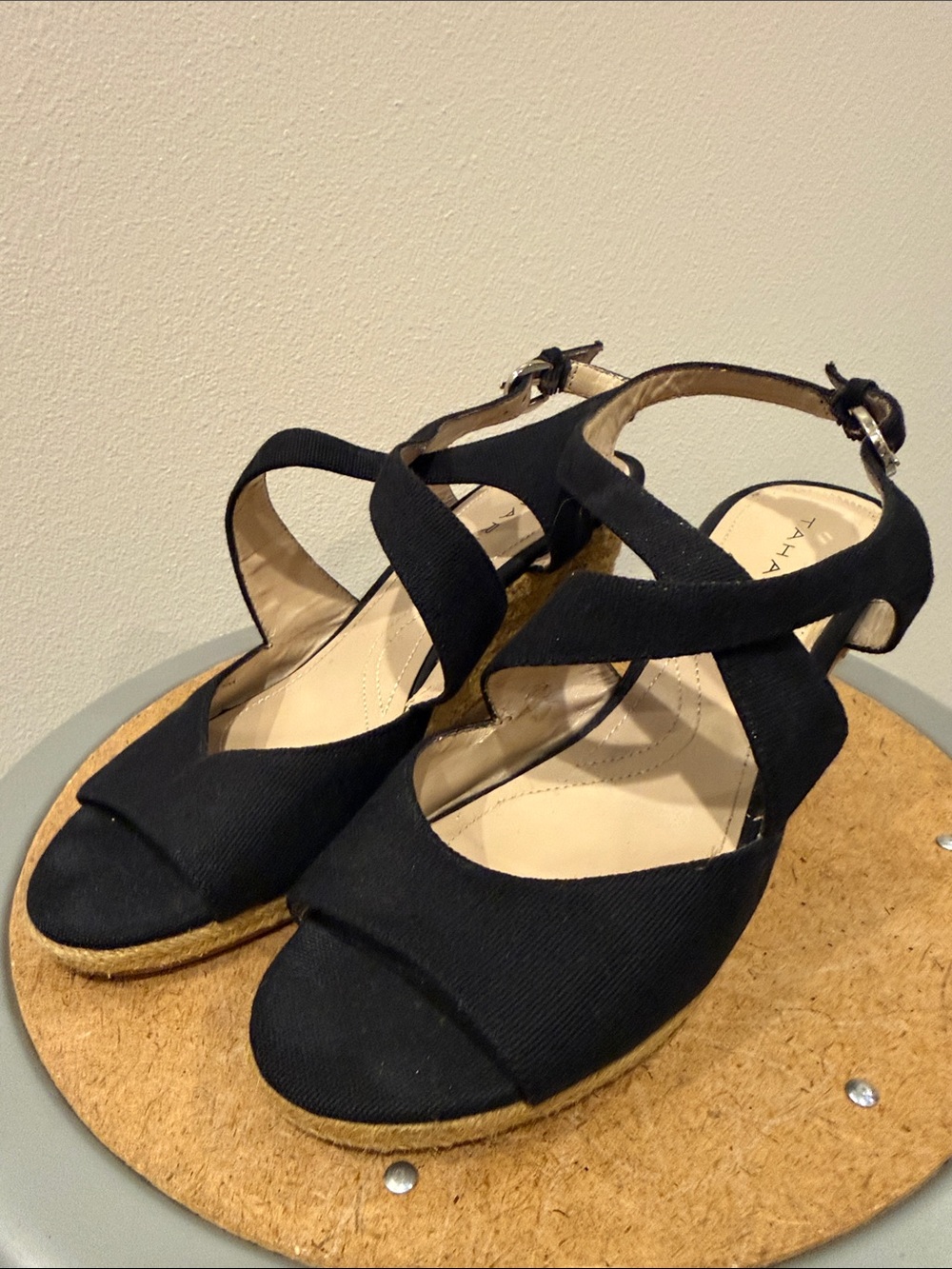 Tahiti Black Cotton Women's Crisscross Espadrille Wedge Sandals 7.5
